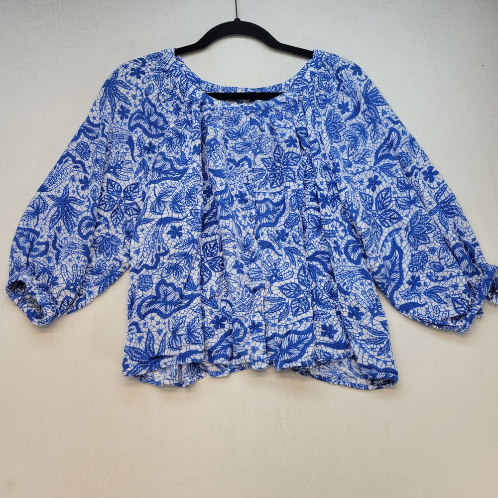 Nicole Miller Blouse Women Large Blue Floral Lace Print Balloon Sleeve Top